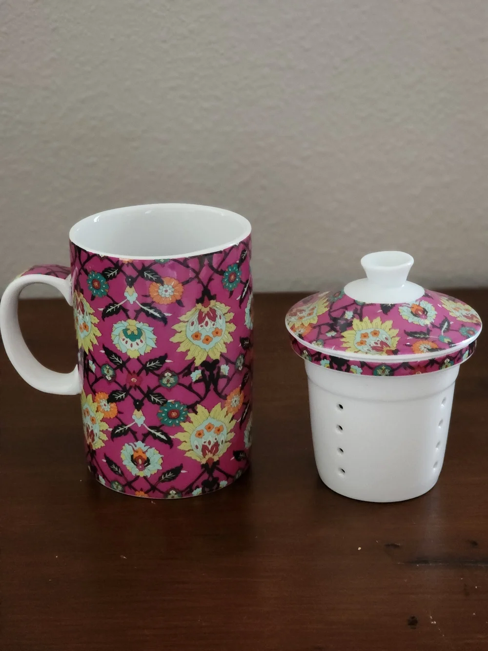 WORLD MARKET Pink Floral Ceramic Tea Mug with Infuser and Lid